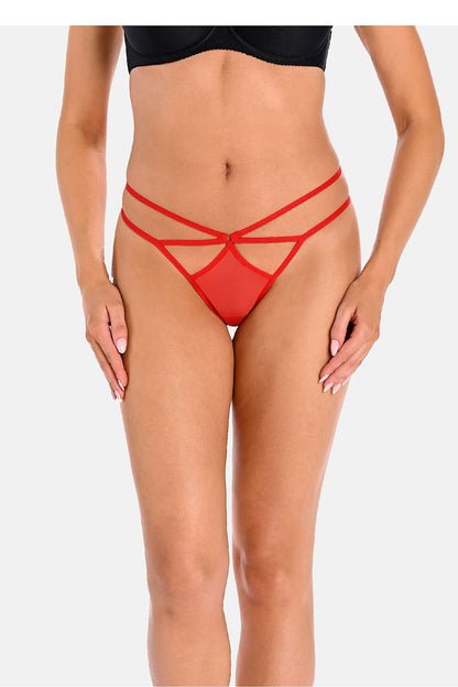 Sensual red women's thongs by Teyli featuring delicate mesh and satin bow, showcasing luxurious design for an alluring lingerie collection.