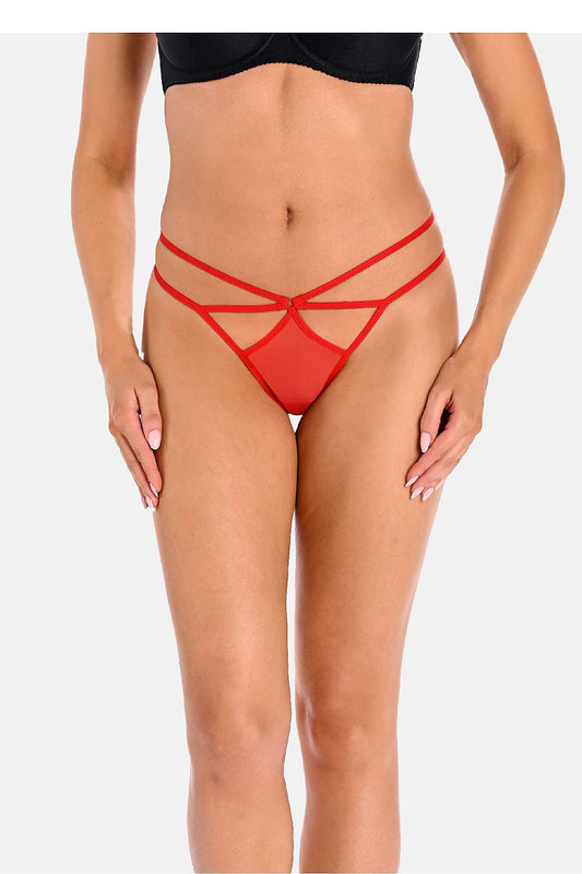 Sensual red women's thongs by Teyli featuring delicate mesh and satin bow, showcasing luxurious design for an alluring lingerie collection.