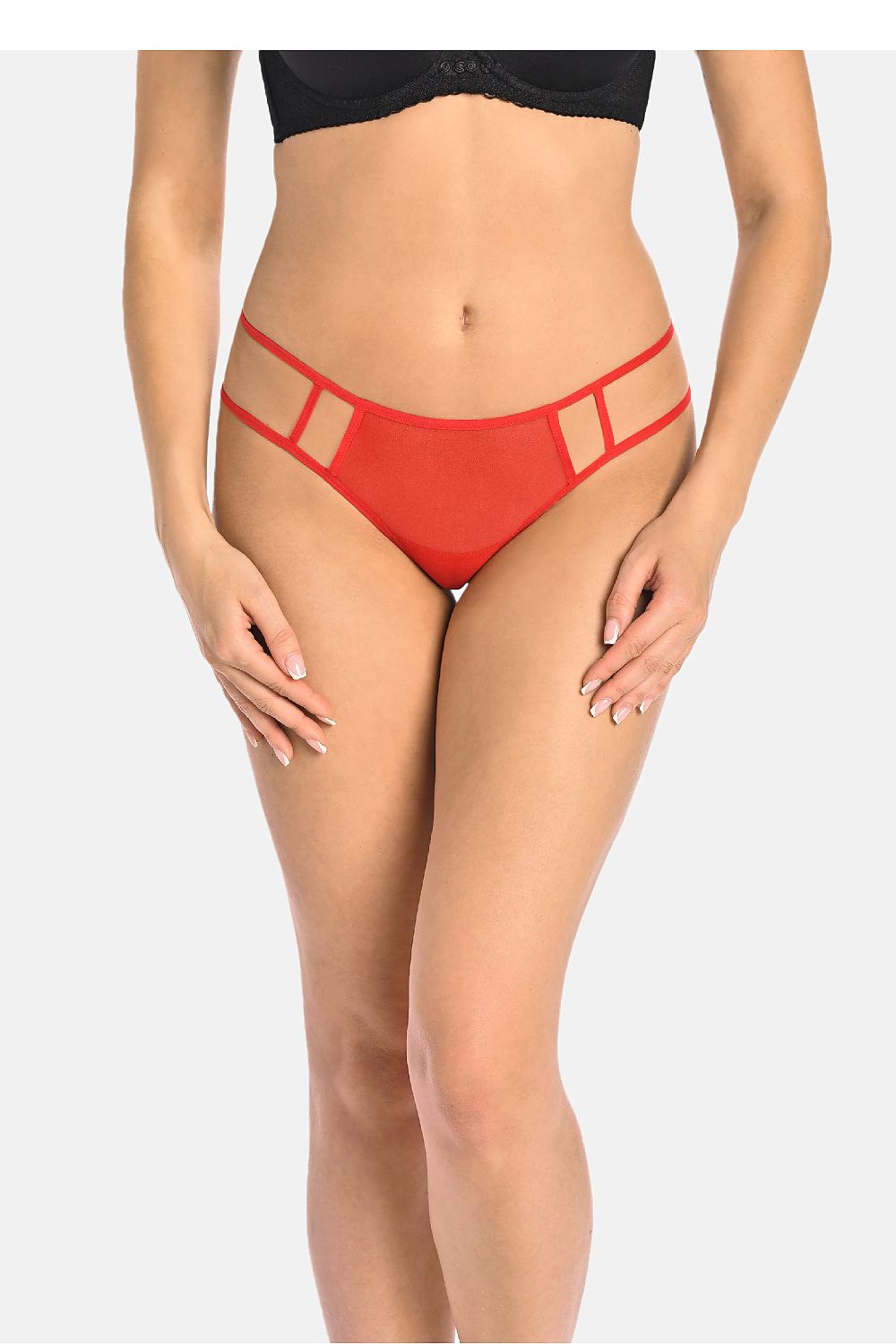 Elegant women's red translucent mesh thong by Teyli, showcasing delicate design and comfortable fit, perfect for luxurious everyday wear.