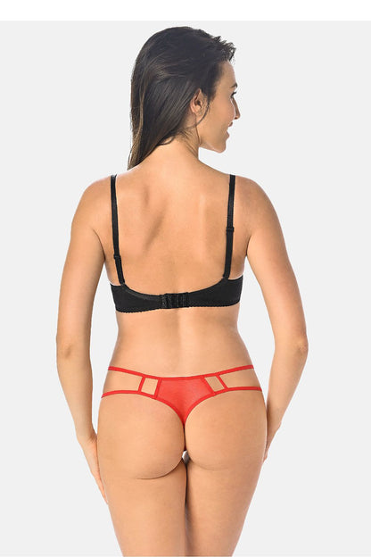 Stylish and comfortable red mesh thong by Teyli, featuring thin elastic straps for a flattering silhouette and a chic geometric pattern.