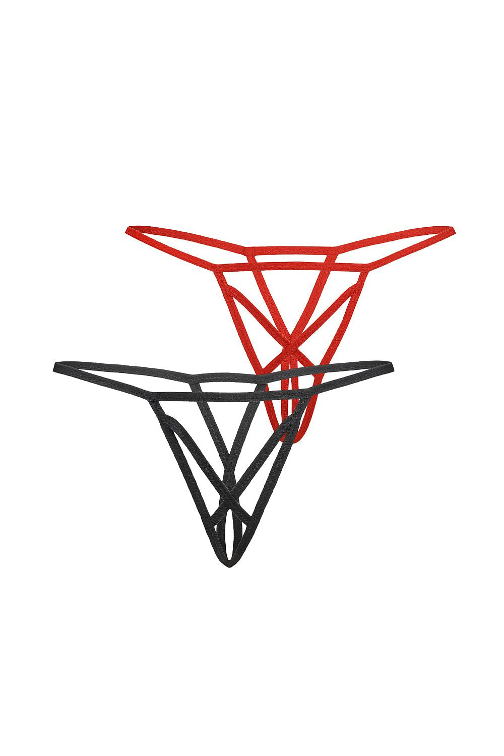 Elegant Teyli Thong Set in black featuring sleek, thin elastic straps and an open crotch design, showcasing modern geometric details for a luxurious and seductive look.