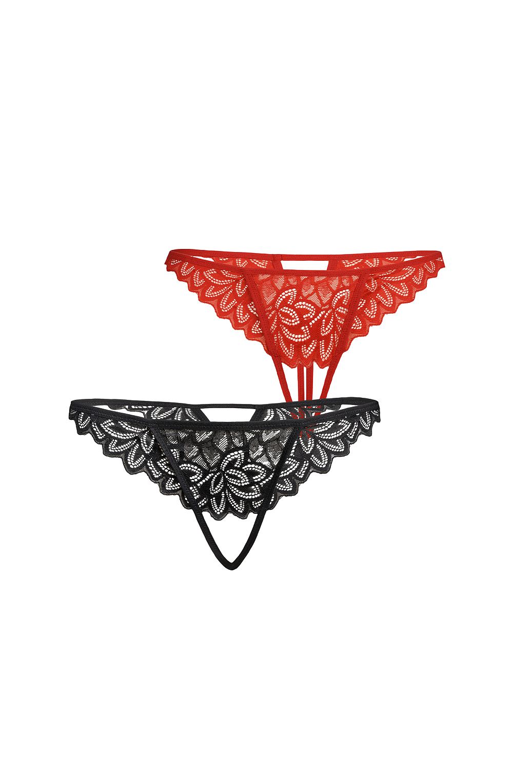 Luxury black and red lace thongs set by Teyli, adorned with floral lace applications for an elegant touch, designed for stylish women seeking comfort and sophistication.