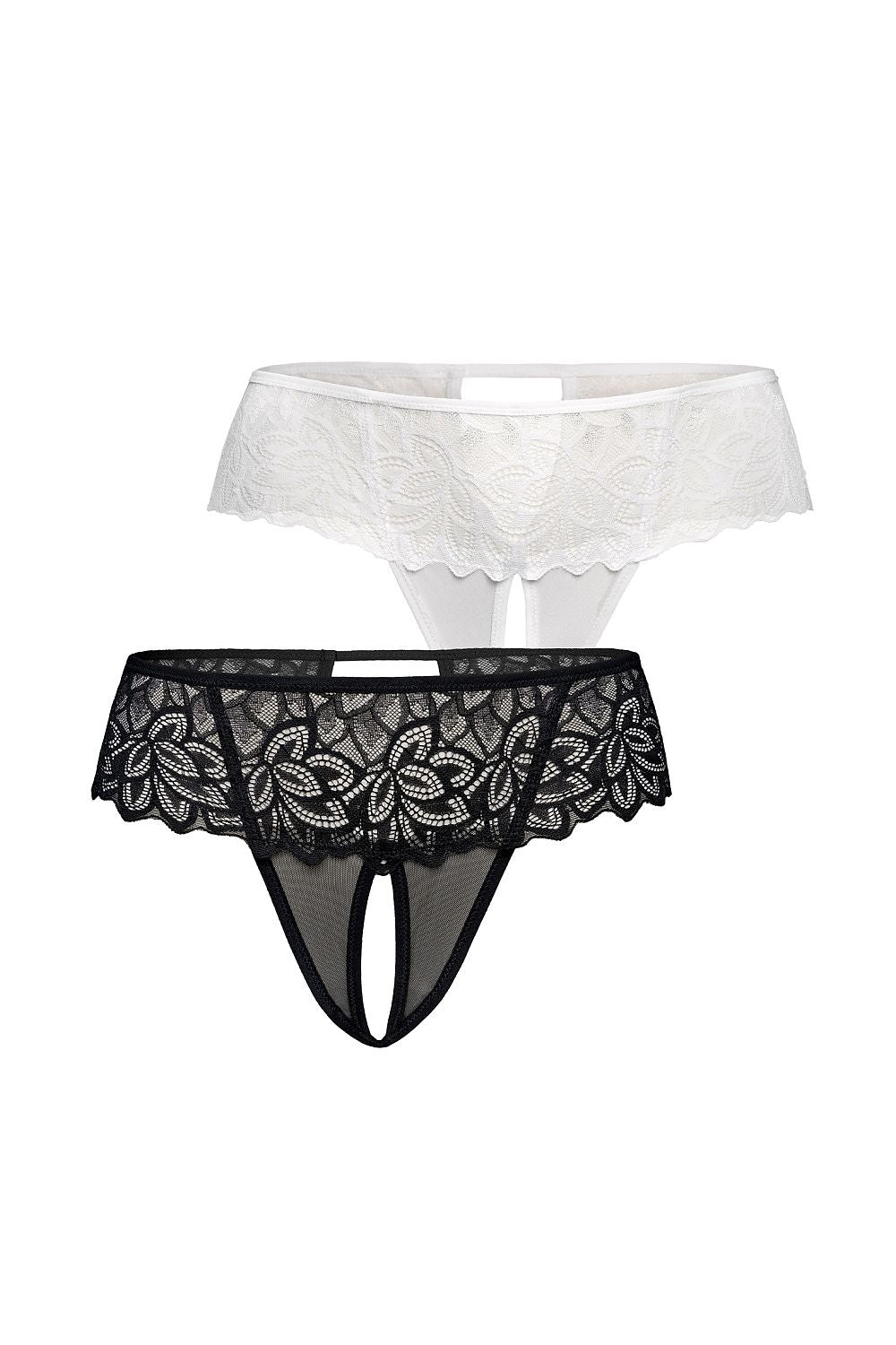 Elegant black and white women's thong set featuring lace inserts, designed by Teyli, showcasing exquisite craftsmanship and sensual style.