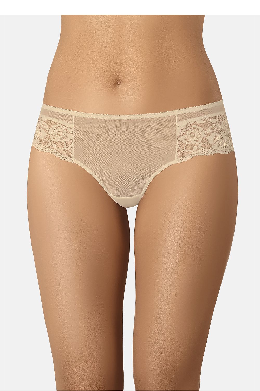 Luxury Lace Brazilian Panties by Teyli featuring elegant mesh and floral design in beige, showcasing the delicate lace craftsmanship and perfect fit.