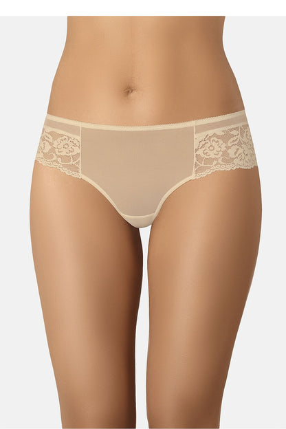 Luxury Lace Brazilian Panties by Teyli featuring elegant mesh and floral design in beige, showcasing the delicate lace craftsmanship and perfect fit.
