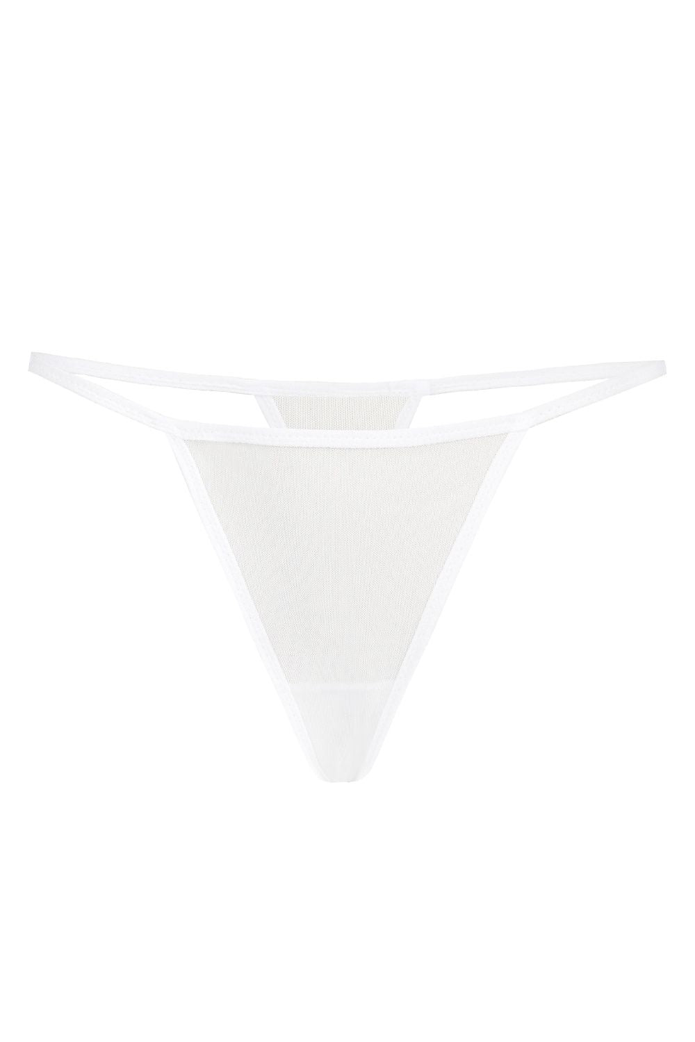 Close-up view of Teyli Women's sexy white thongs, featuring a unique thin elastic strap and a simple triangle back design, perfect for adding luxury to intimate wear.