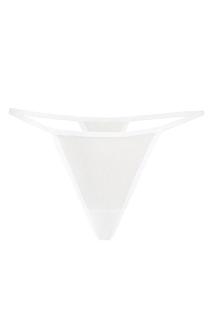 Close-up view of Teyli Women's sexy white thongs, featuring a unique thin elastic strap and a simple triangle back design, perfect for adding luxury to intimate wear.