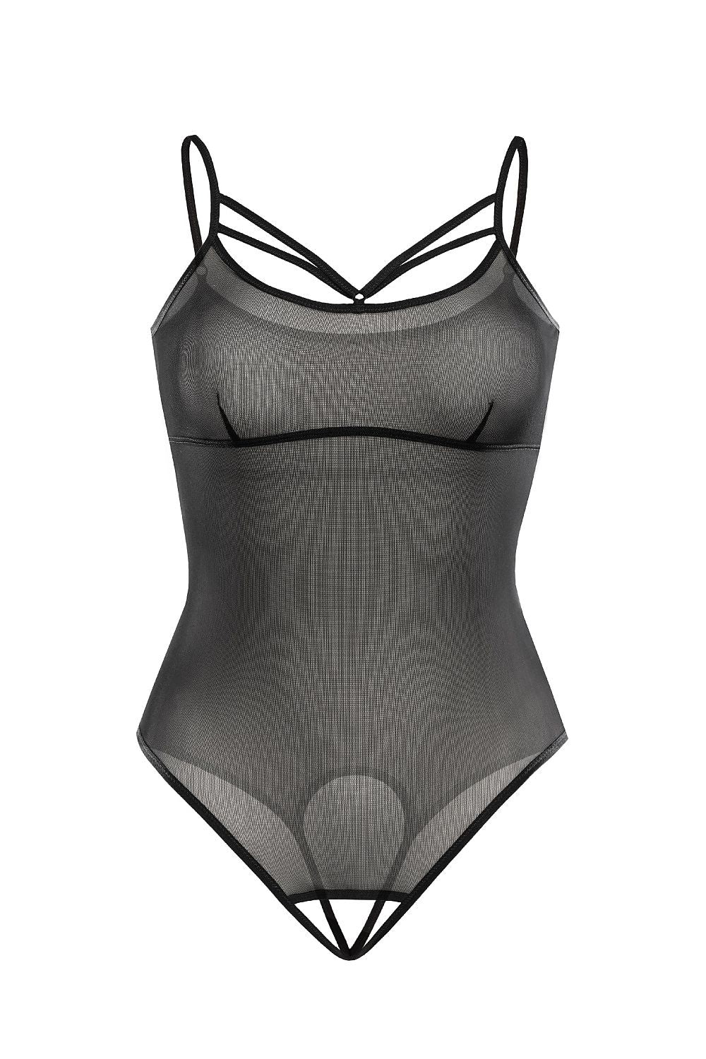 Teyli Elegant Sensual Shapewear Body in Black with Open Crotch, showcasing delicate mesh fabric and adjustable straps, perfect for confident and stylish women.