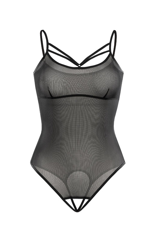 Teyli Elegant Sensual Shapewear Body in Black with Open Crotch, showcasing delicate mesh fabric and adjustable straps, perfect for confident and stylish women.