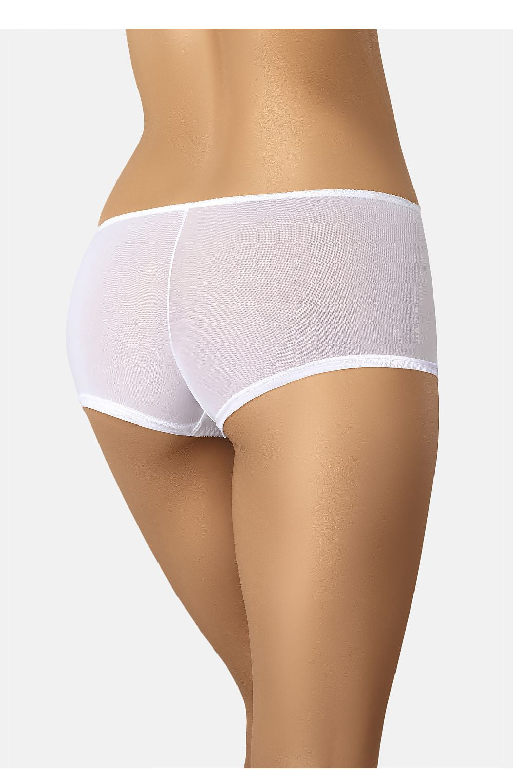 Detailed view of Teyli's luxury women's high waist transparent mesh shorts featuring a decorative lace insert, perfect for enhancing curves while ensuring comfort.