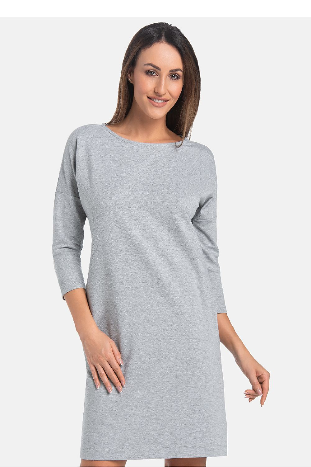 Teyli Women's Fitted Daydress in Grey showcasing elegant cotton and lycra blend fabric, tailored waistline, and fashionable 3/4 sleeves.