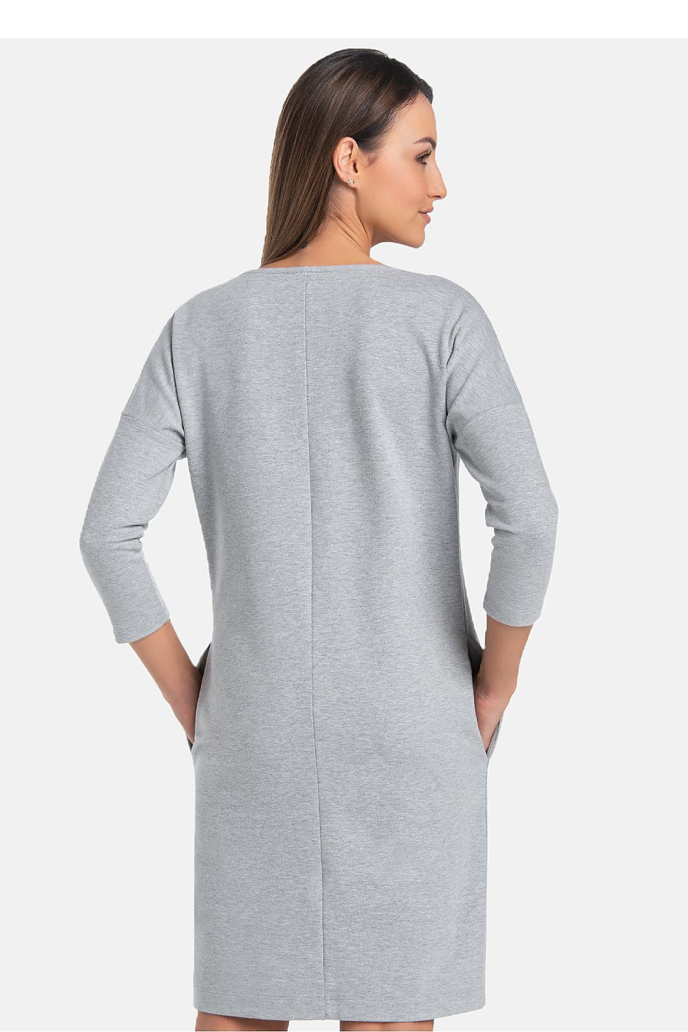 Close-up of Teyli Women's Fitted Daydress in Grey highlighting the breathable material and semi-circular neckline design.