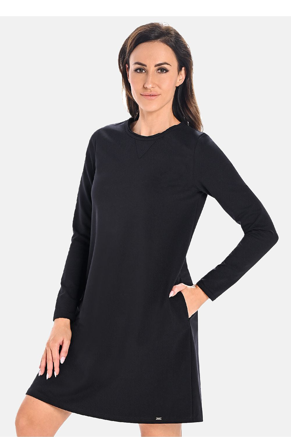 Elegant black cotton daydress with flared A-line design, featuring pockets and a semi-circular neckline, by Teyli.