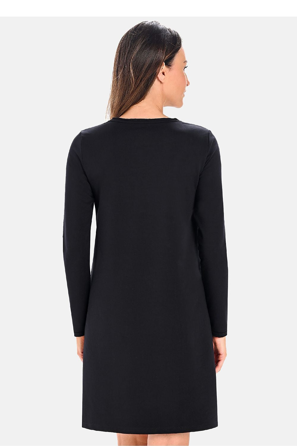 Luxurious black cotton daydress with fitted long sleeves and subtle logo, perfect for casual chic style, designed by Teyli.