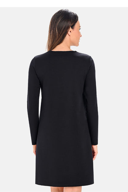 Luxurious black cotton daydress with fitted long sleeves and subtle logo, perfect for casual chic style, designed by Teyli.