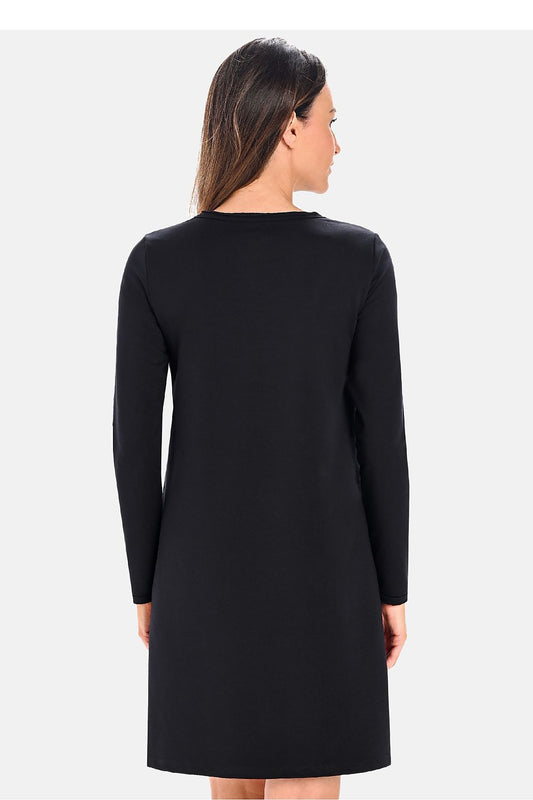 Luxurious black cotton daydress with fitted long sleeves and subtle logo, perfect for casual chic style, designed by Teyli.