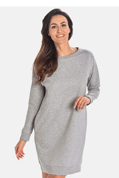 Elegant grey cotton daydress with pockets by Teyli, showcasing a classic cut and refined design, available in sizes S to XL.