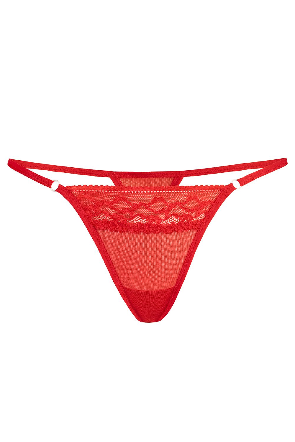 Close-up of Teyli Women's Red Thong, highlighting the elegant lace detailing and golden decorative rings for an alluring touch.