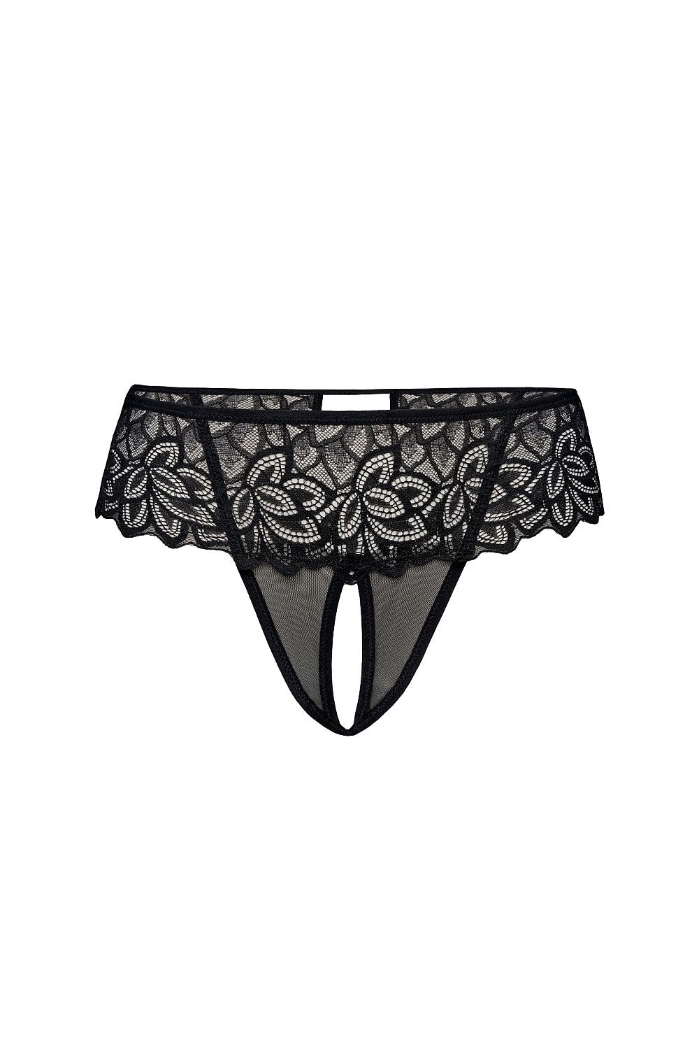 Close-up of Teyli's black and white women's thong set highlighting delicate lace detailing and floral motifs for a romantic touch.