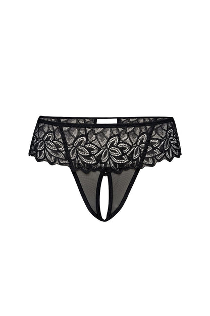 Close-up of Teyli's black and white women's thong set highlighting delicate lace detailing and floral motifs for a romantic touch.