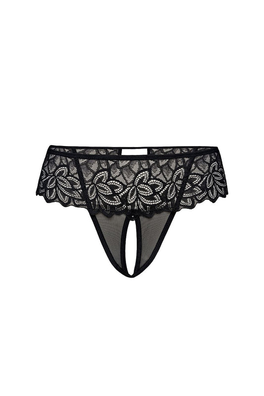 Close-up of Teyli's black and white women's thong set highlighting delicate lace detailing and floral motifs for a romantic touch.
