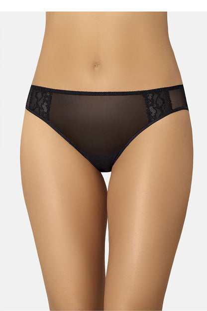 Side view of luxurious Teyli women's black panties, highlighting the flattering cut and delicate lace floral accents, perfect for any occasion.