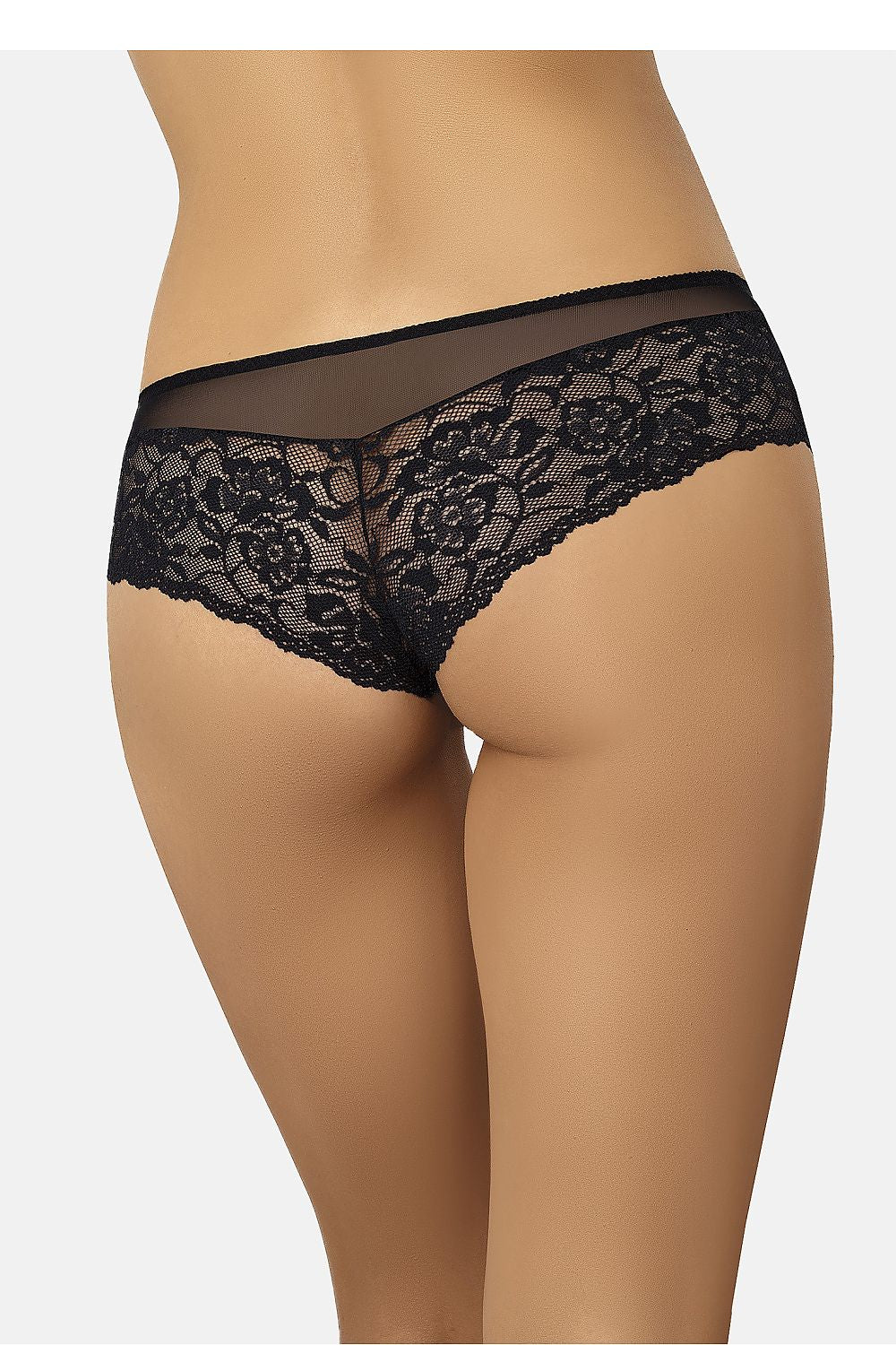 Close-up view of Teyli's luxurious Brazilian lace panties demonstrating the intricate floral motif and delicate mesh for ultimate style and comfort.