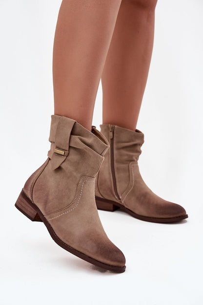 Elegant women's eco suede ankle boots from Step in Style, featuring a low heel, insulated interior for warmth, and stylish gathered upper detail, perfect for versatile everyday wear.