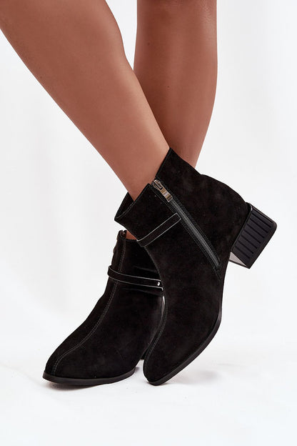 Elegant women's suede ankle boots with a block heel, designed by Step in Style, featuring a stylish zipper and decorative strap, perfect for chic everyday wear.