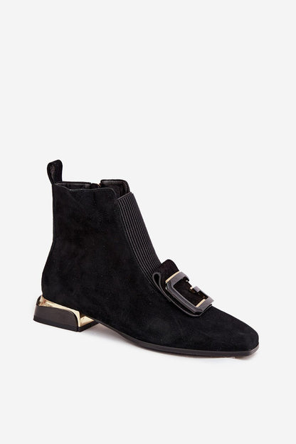 Stylish Step in Style women's suede ankle boots featuring a square toe design and exquisite front detailing, ideal for office and evening wear.