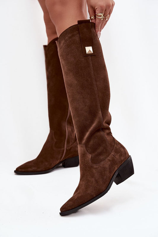 Luxurious cowgirl boots by Step in Style, crafted from high-quality suede with a chic zip-up design and elegant cut-out heel, available in sizes EU 36-41. Perfect blend of comfort and elegance, ideal for various outfits.
