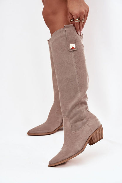 Elegant luxury women's cowboy boots in natural suede by Step in Style, featuring zipper closure and felt lining for ultimate comfort.