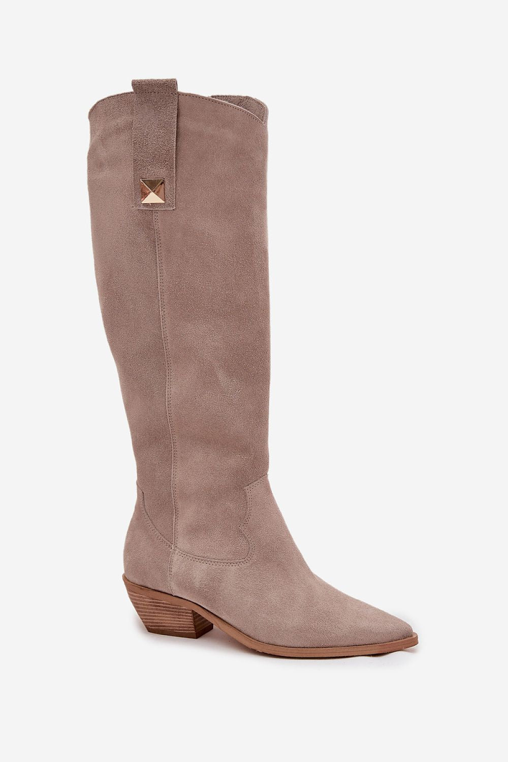 Stylish natural suede cowboy boots for women by Step in Style, showcasing pointed toes and characteristic cut heel for a feminine silhouette.