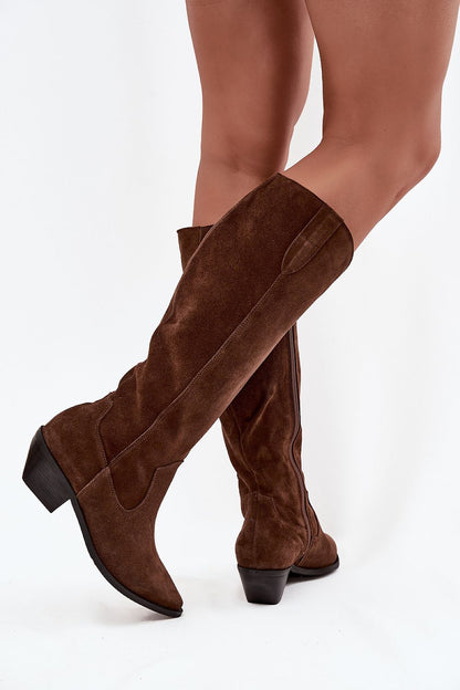 Luxury women's high-quality suede cowboy boots by Step in Style, featuring pointed toes and 5 cm heels, ideal for boho fashion with EU sizes 36-41.