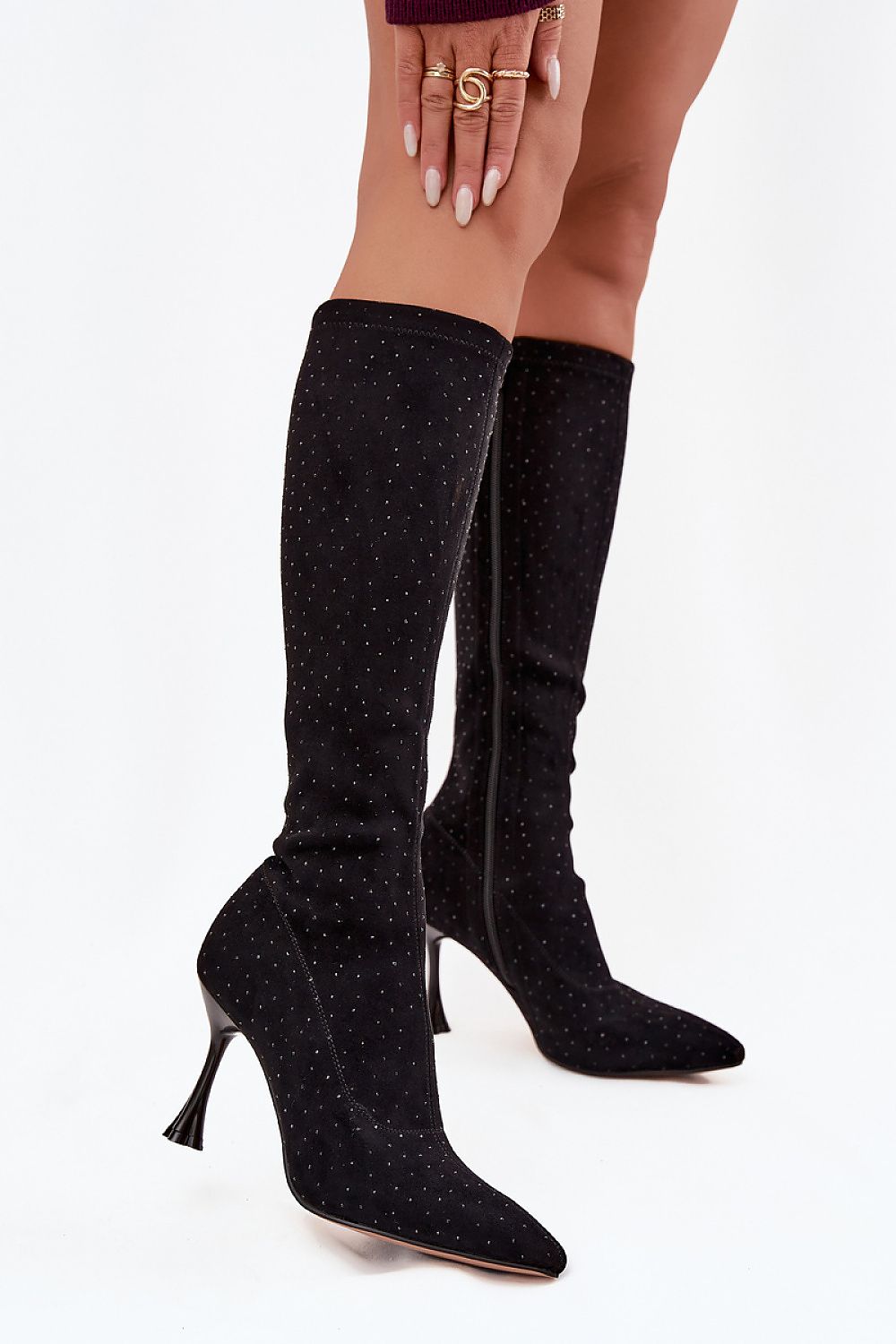Elegant eco suede stiletto heel boots for women by Step in Style, featuring spectacular shaft decoration, available in sizes EU 36-40, perfect for evening outings and glamorous occasions.