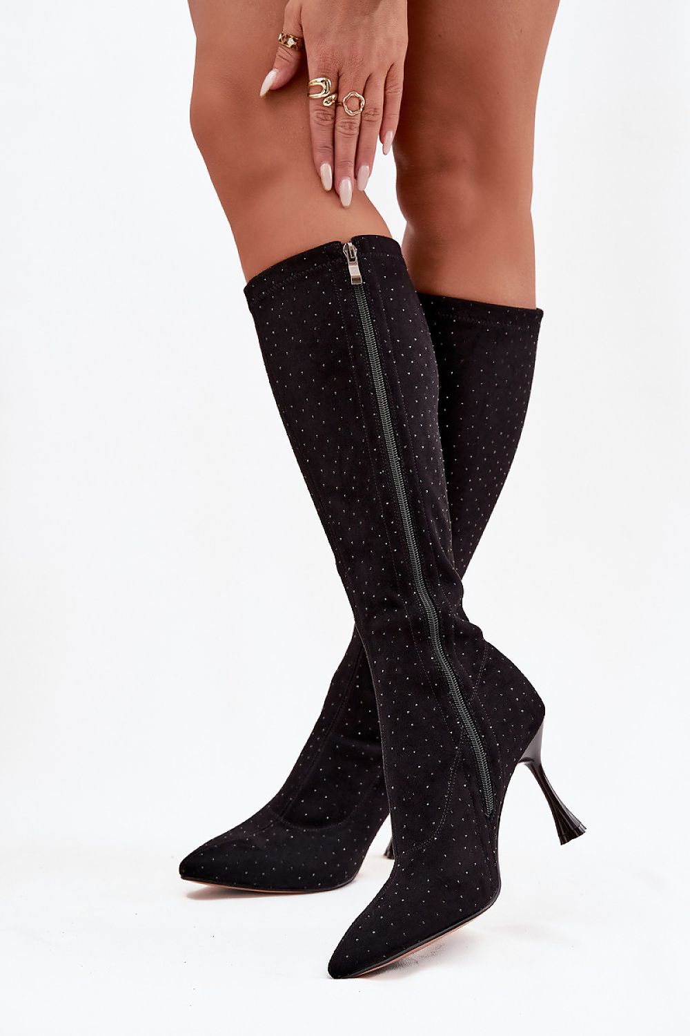 Luxury pointy toe stiletto heel boots in eco suede from Step in Style, showcasing exquisite decorative details ideal for stylish occasions.