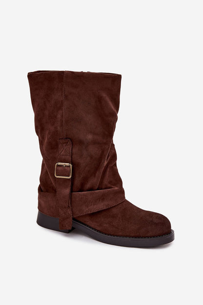 Elegant eco suede thigh-high boots for women, designed with a trendy folded shaft and zip by Step in style, perfect for autumn-winter fashion.