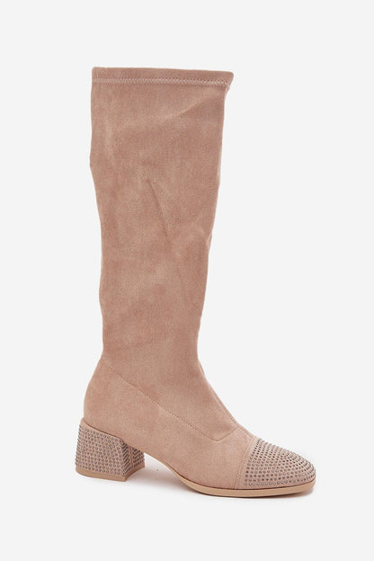 Close-up view of Step in Style elegant eco suede heel boots, showcasing the luxurious design and detailed zircon embellishments.