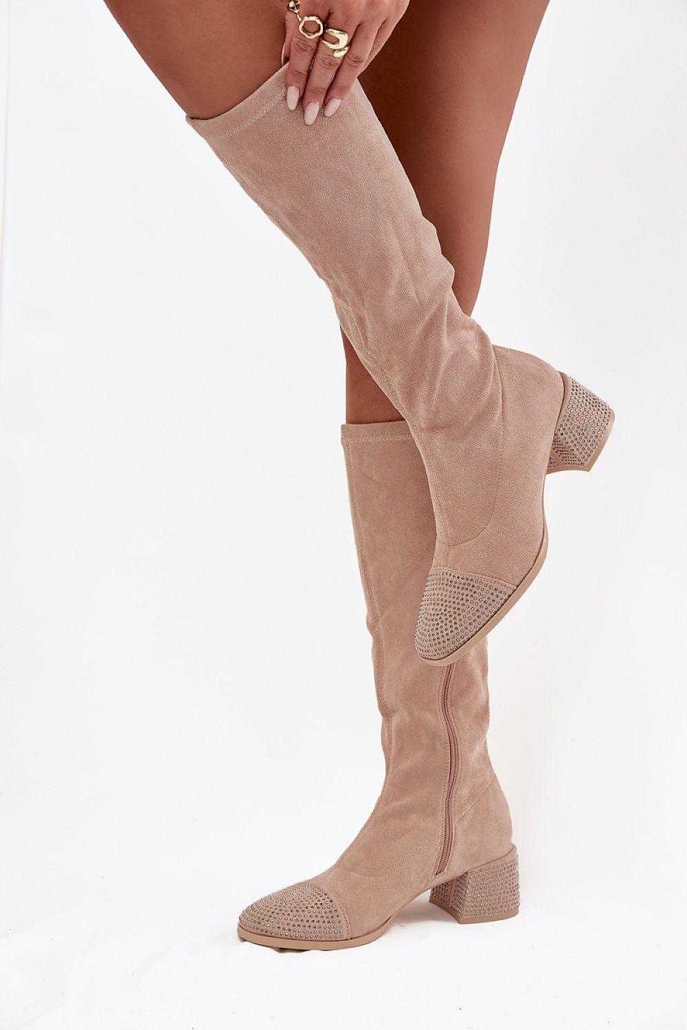 Elegant women's eco suede heel boots from Step in Style featuring sparkling zircon accents, designed for luxury and comfort in sizes EU 36-41.