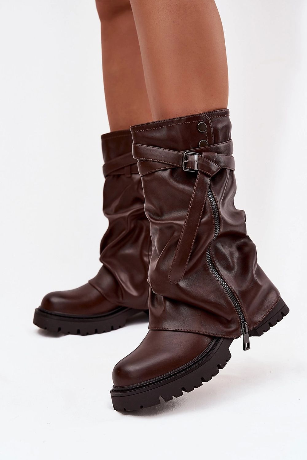 Elegant luxury women's mid-calf thigh-high boots by Step in Style, featuring a decorative strap, pleated shaft, and a comfortable flat heel, perfect for stylish autumn-winter outfits.