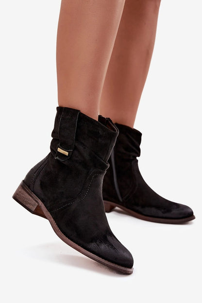 Luxury women's ankle boots in eco suede by Step in Style, featuring a low heel, insulated interior, and stylish gathered upper design, ideal for versatile wear from pants to dresses.