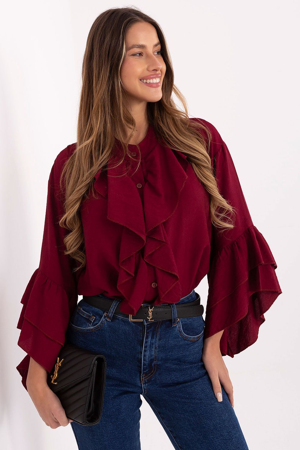 Elegant long sleeve viscose shirt by Rue Paris featuring frills and decorative jabot, perfect for refined women's fashion.