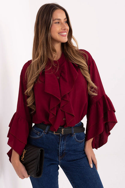 Elegant long sleeve viscose shirt by Rue Paris featuring frills and decorative jabot, perfect for refined women's fashion.