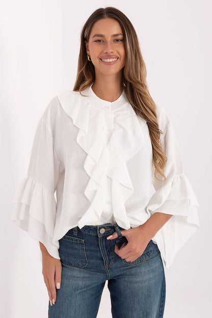 Elegant long sleeve women's shirt with ruffles and decorative jabot in luxurious 100% viscose by Rue Paris, showcasing a classic silhouette and refined feminine details.