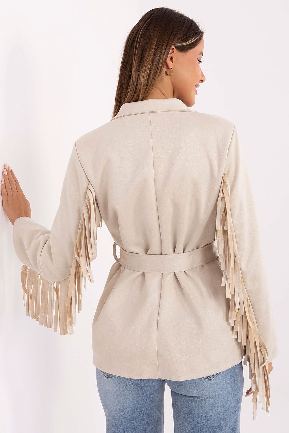 Stylish Rue Paris Women's Suede Blazer Jacket with luxurious lining and boho fringes, ideal for enhancing any outfit.
