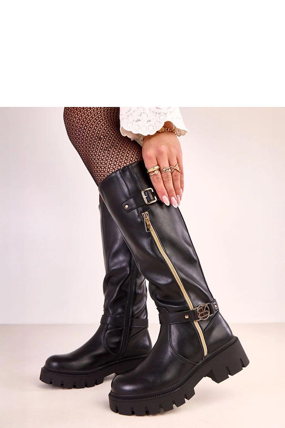 Elegant vegan leather thigh-high boots by Solea featuring a stylish gold zipper, 5 cm heel height, and luxurious design, perfect for autumn-winter fashion.