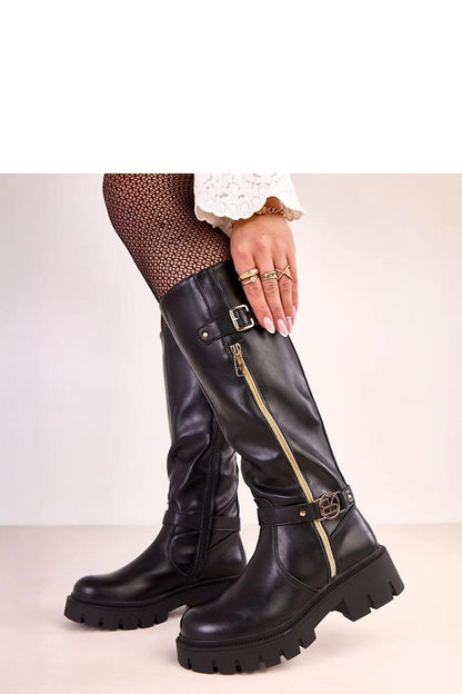 Elegant vegan leather thigh-high boots by Solea featuring a stylish gold zipper, 5 cm heel height, and luxurious design, perfect for autumn-winter fashion.