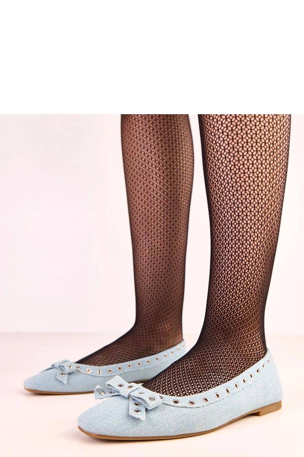 Solea Denim Ballet Flats for Women featuring elegant square toe, decorative eyelets, and a delicate bow, showcasing luxury craftsmanship and style.