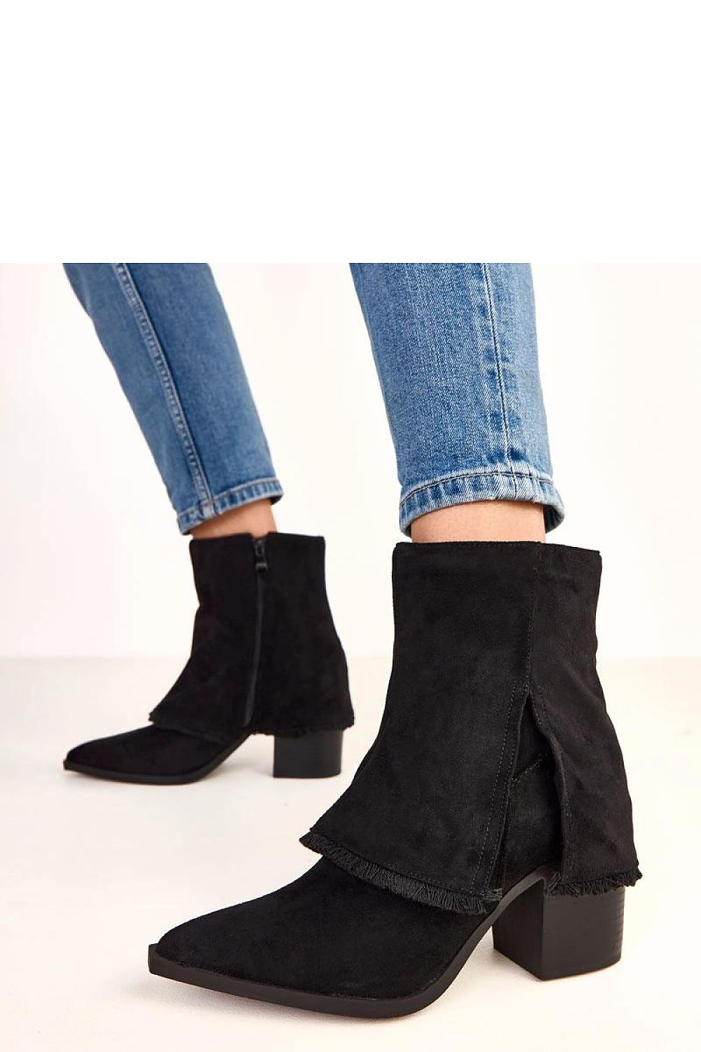 Solea eco-suede ankle boots featuring a chic folded upper design and pointed toe, showcasing a 9 cm heel, elegantly wrapping around the ankle, perfect for stylish autumn and winter outfits.