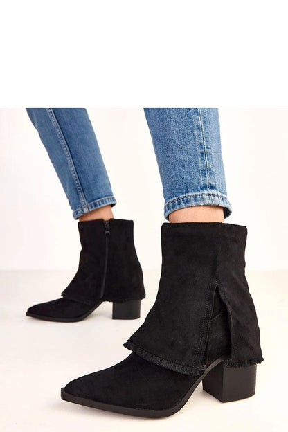 Solea eco-suede ankle boots featuring a chic folded upper design and pointed toe, showcasing a 9 cm heel, elegantly wrapping around the ankle, perfect for stylish autumn and winter outfits.